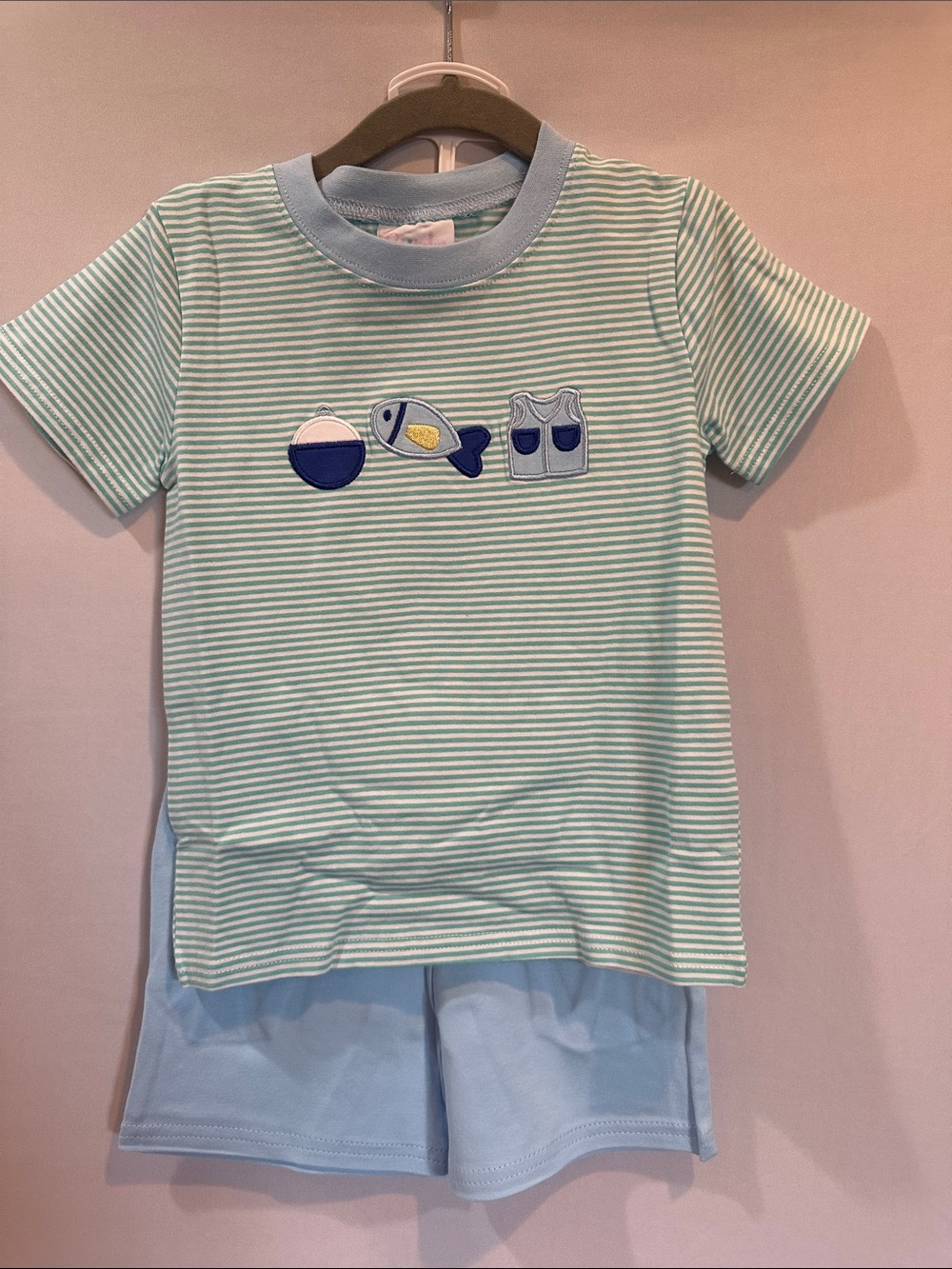 Mint Stripe & Light Blue Matching Tee and Shorts Set